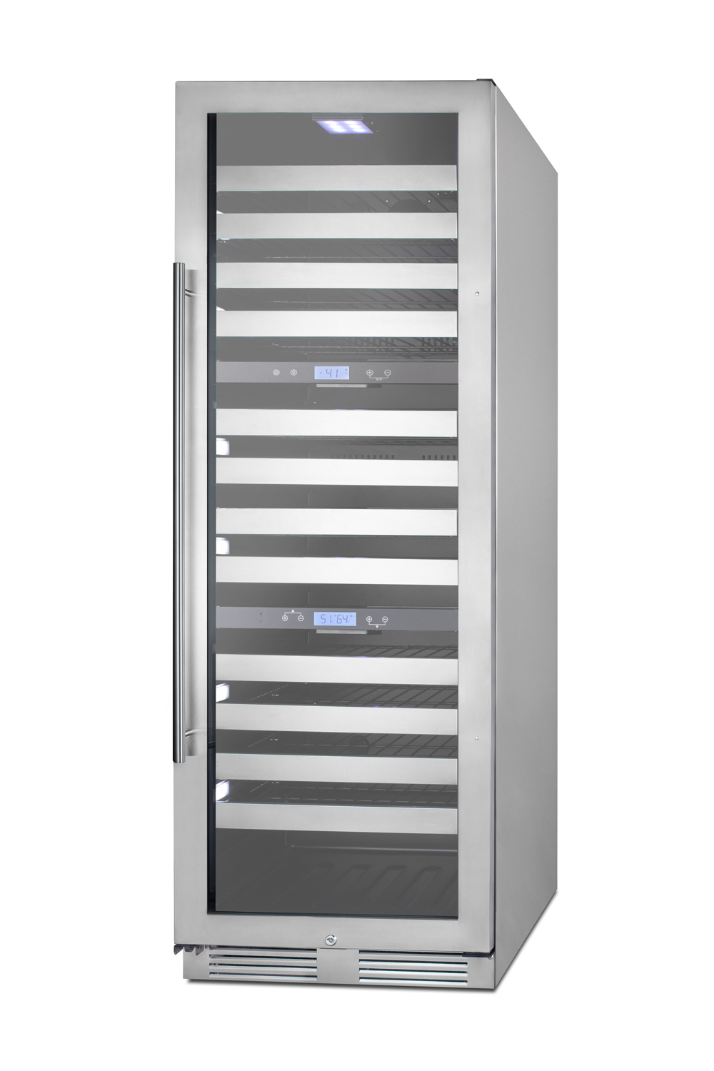Triple zone 149 bottle commercial wine cellar for built-in or freestanding use, with a glass door with seamless stainless steel trim and stainless steel cabinet, digital thermostats, full-extension shelving, and factory-installed lock